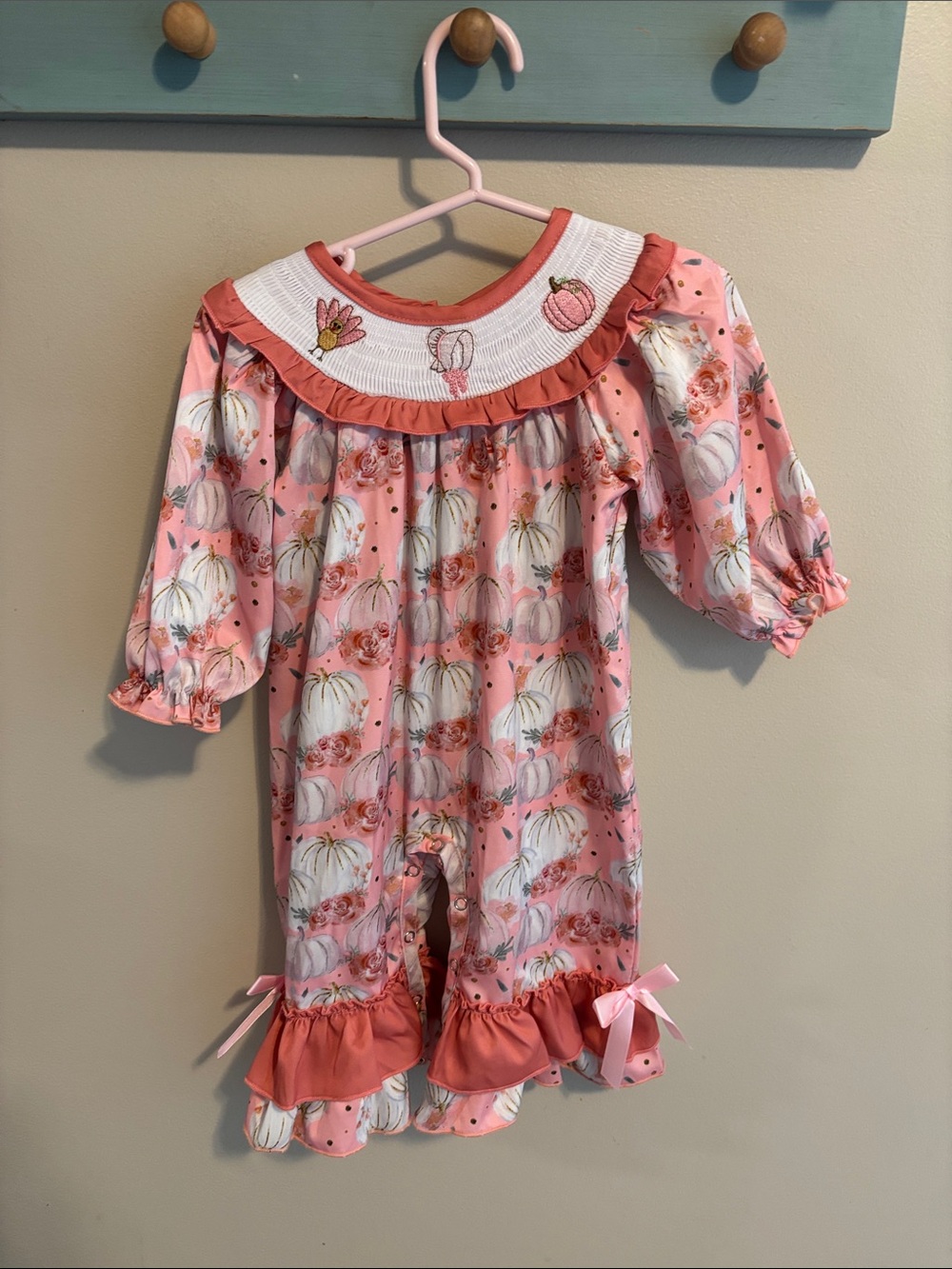 Boutique Baby Girl 12M Smocked Pumpkin Turkey Romper Fall Thanksgiving Pink